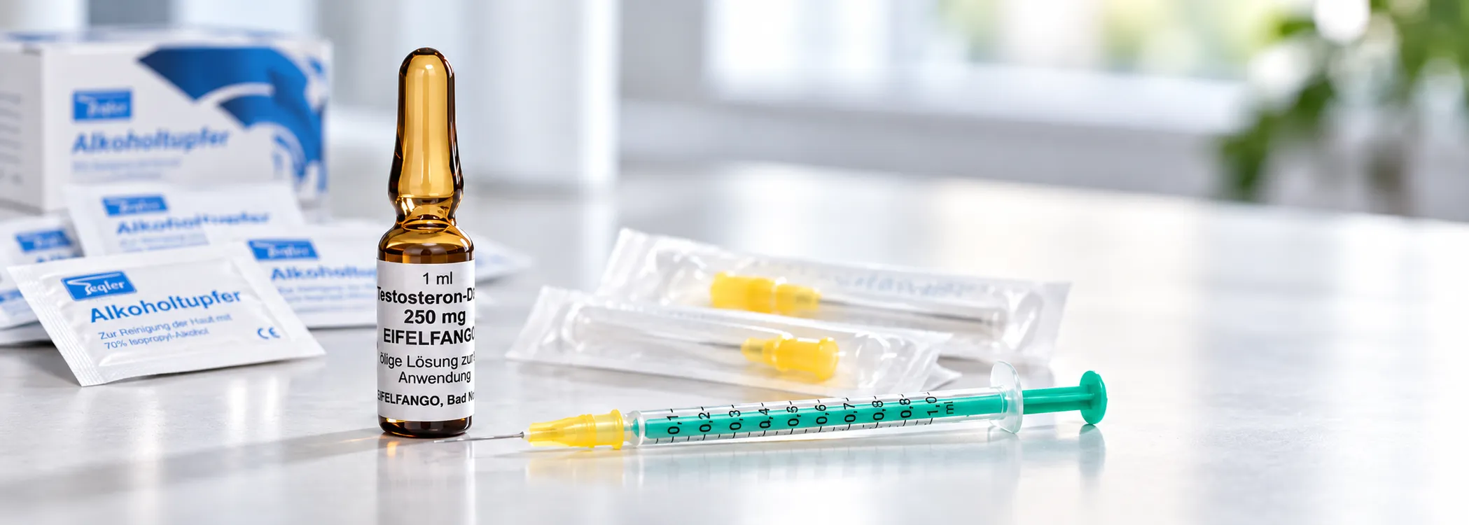 Testosteronampulle mit Spritze und verpacktem Injektionszubehör