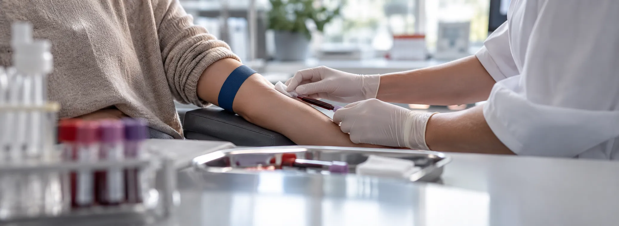 Blutentnahme am Arm mit Probenröhrchen im Labor